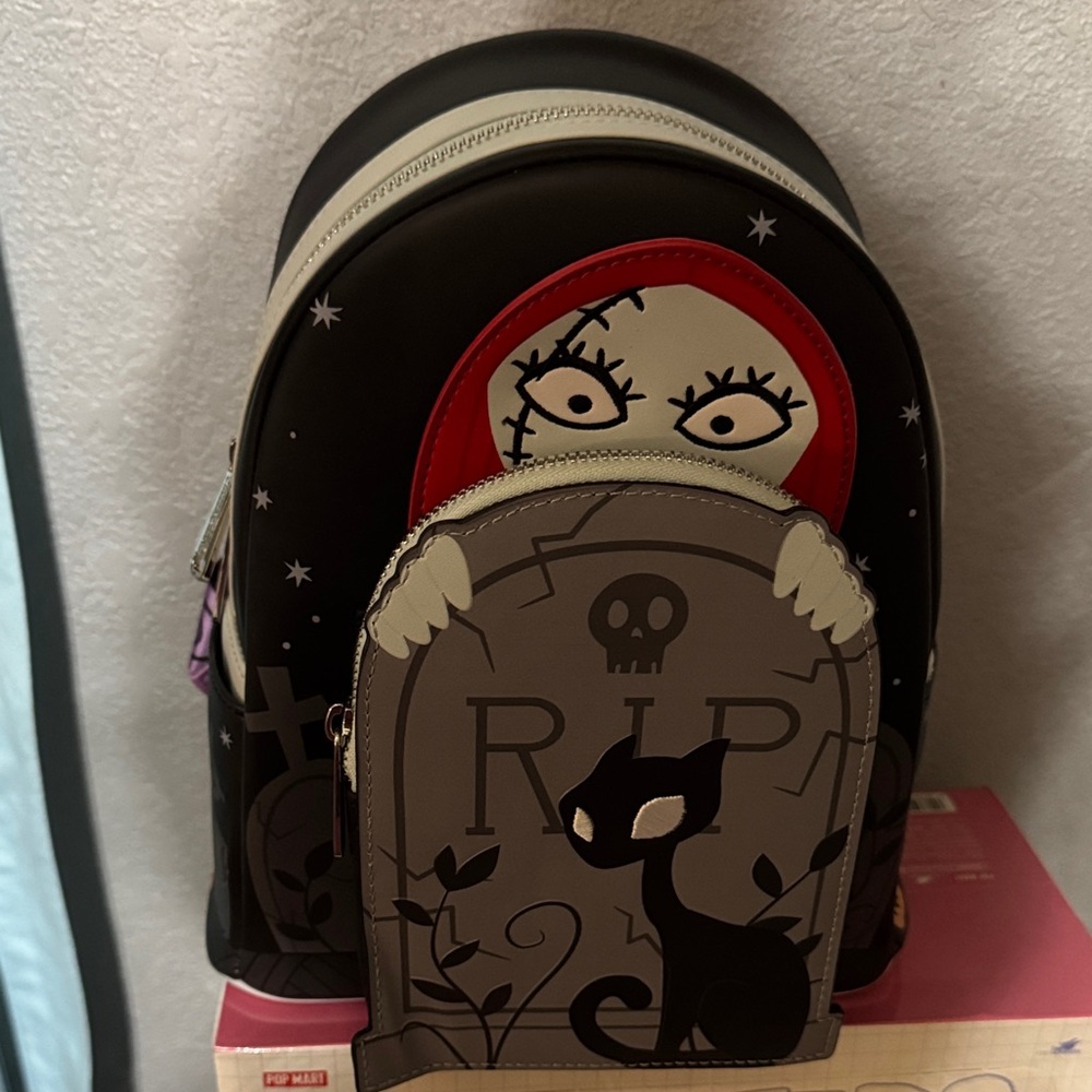 Loungefly Black and Red Halloween Mini Backpack with Tombstone Cat Pocket